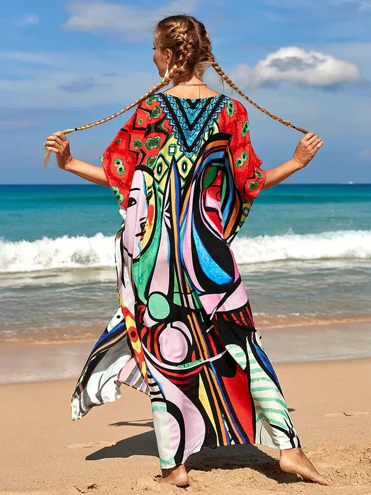 Bohemian Print Multicolor Beach Style Kaftan Maxi Dress - Swimsuit Cover-Up 2024