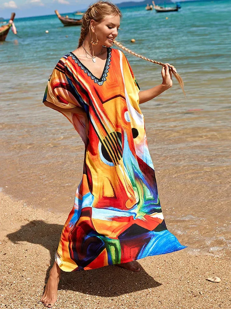 Bohemian Print Multicolor Beach Style Kaftan Maxi Dress - Swimsuit Cover-Up 2024