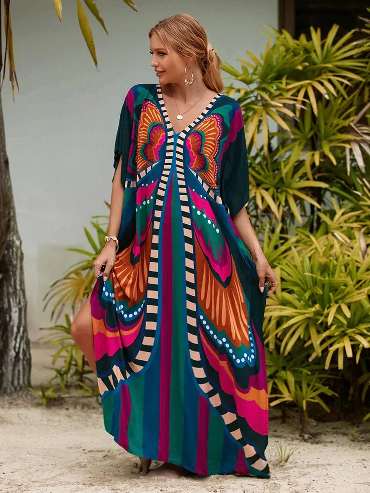 Bohemian Print Multicolor Beach Style Kaftan Maxi Dress - Swimsuit Cover-Up 2024