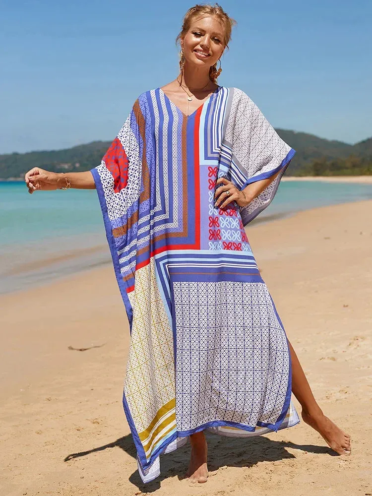 Bohemian Print Multicolor Beach Style Kaftan Maxi Dress - Swimsuit Cover-Up 2024