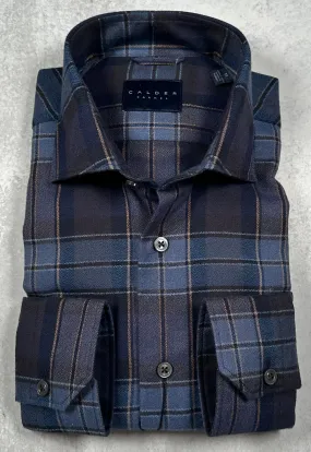 Calder Carmel Melange Boucle Twisted Brushed Overcheck Plaid Sport Shirt in Midnight