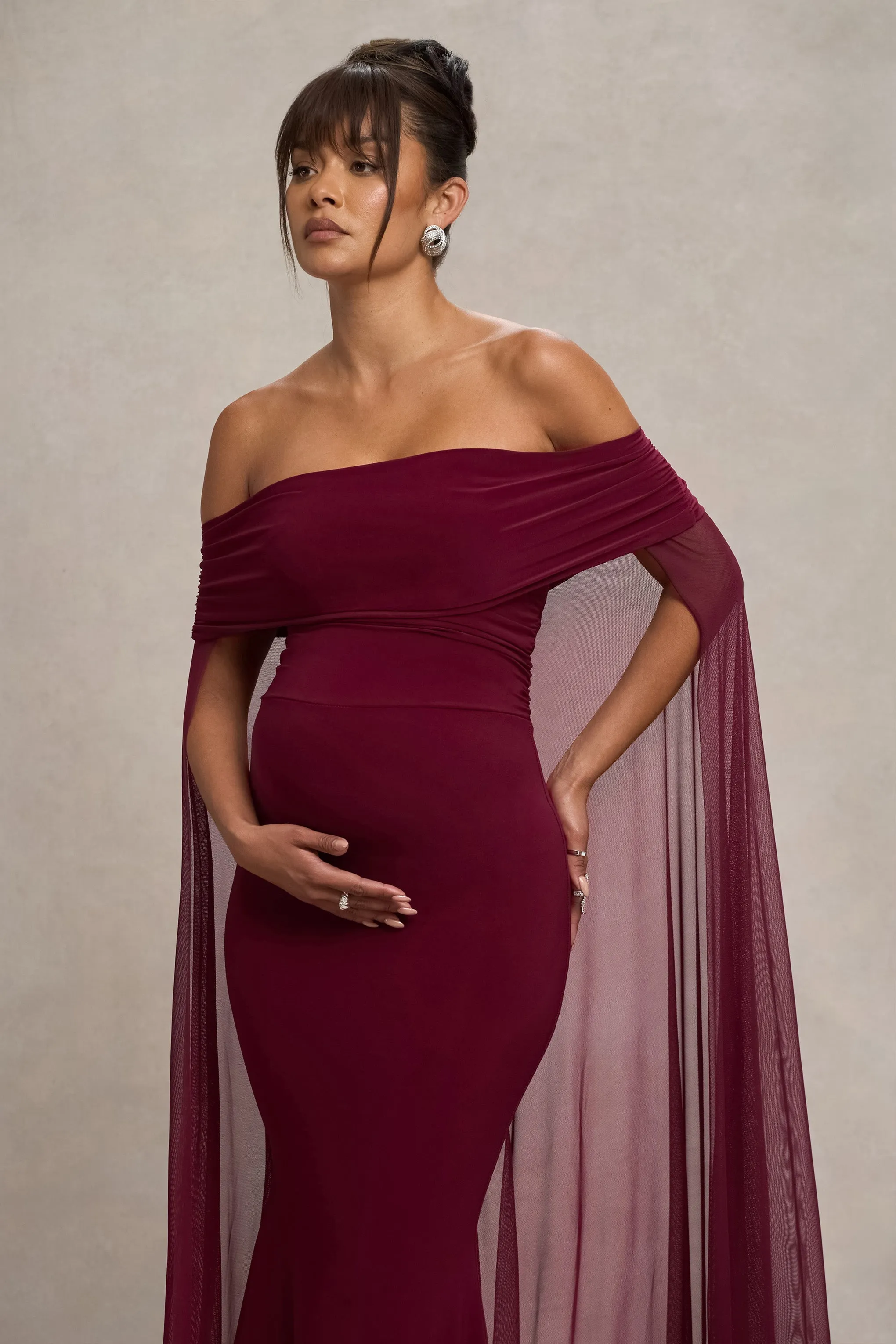 Carlotta | Robe Maternité Maxi Berry Bardot avec Cape en Chiffon