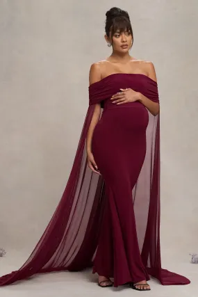 Carlotta | Robe Maternité Maxi Berry Bardot avec Cape en Chiffon