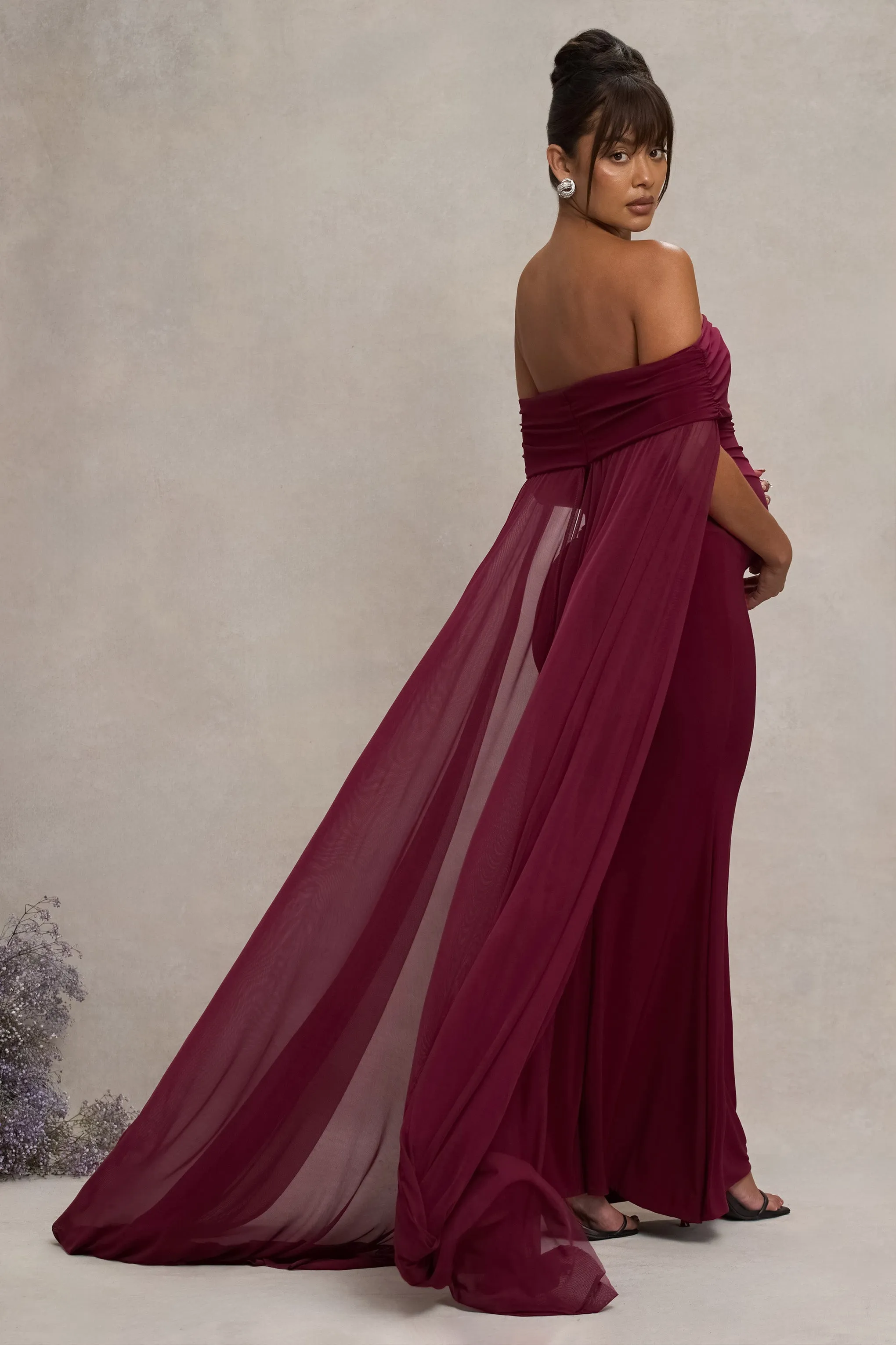 Carlotta | Robe Maternité Maxi Berry Bardot avec Cape en Chiffon