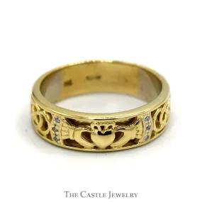 Claddagh Designed Wedding Band with Diamond Accented Celtic Knots in 14k Yellow Gold