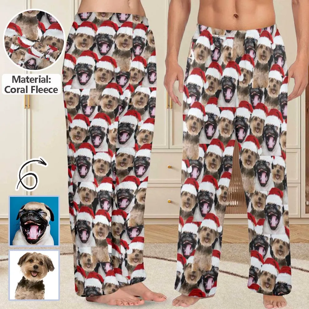 Coral Fleece Pajama Trousers-Custom Face Pet Christmas Red Hat Warm and Comfortable Sleepwear Long Pajama Pants For Men Women