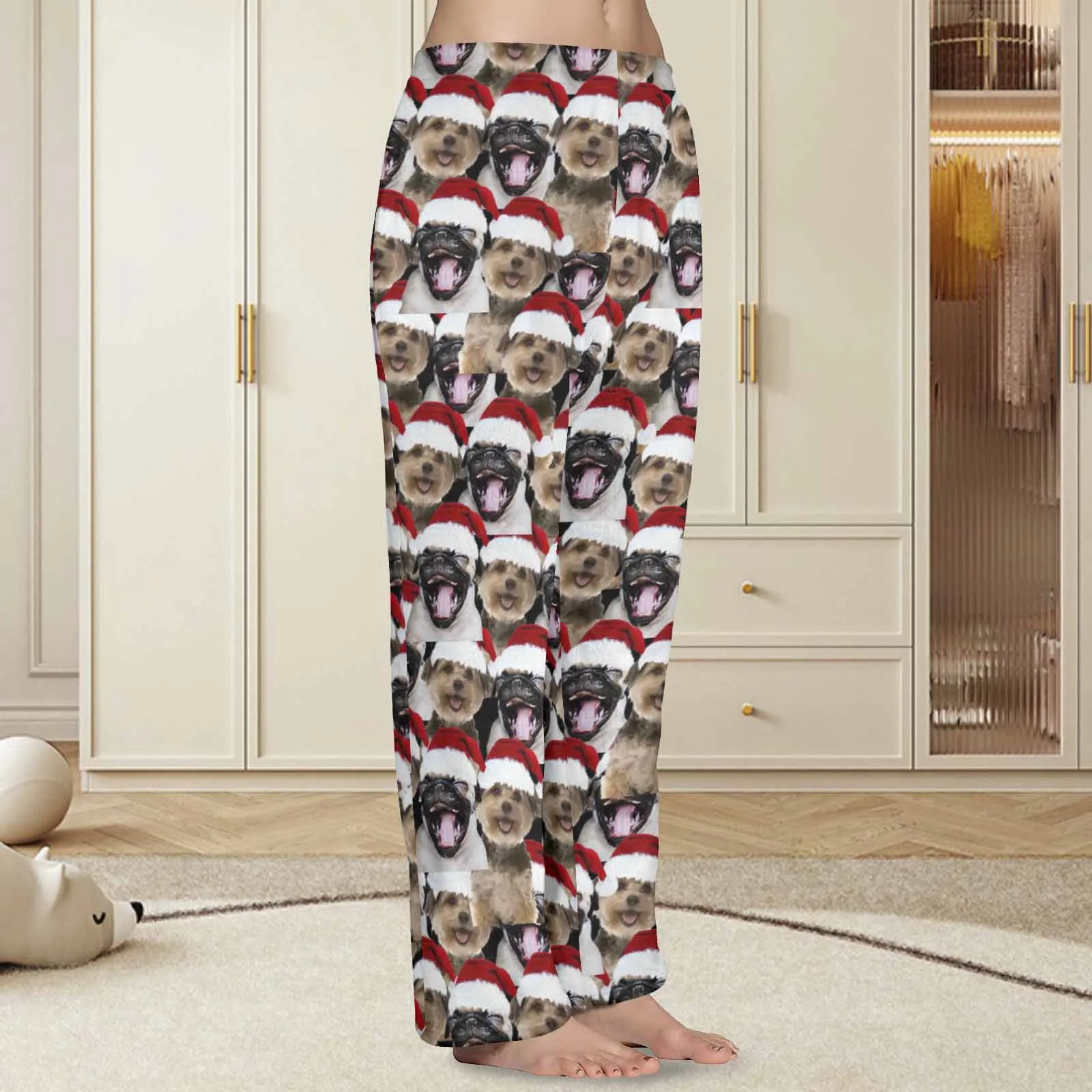 Coral Fleece Pajama Trousers-Custom Face Pet Christmas Red Hat Warm and Comfortable Sleepwear Long Pajama Pants For Men Women