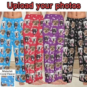 Coral Fleece Pajama Trousers-Custom Pet Face Bone Foot Print Warm and Comfortable Sleepwear Long Pajama Pants For Men Women