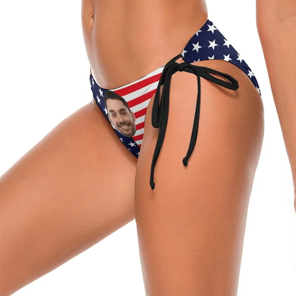 #Couple Matching Swimwear Custom Big Face American Flag Triangle Swim Briefs Side Tie Bikini Swimsuit Bottom Personalized Flag Bathingsuit #Independence Day# Celebrate Holiday Party