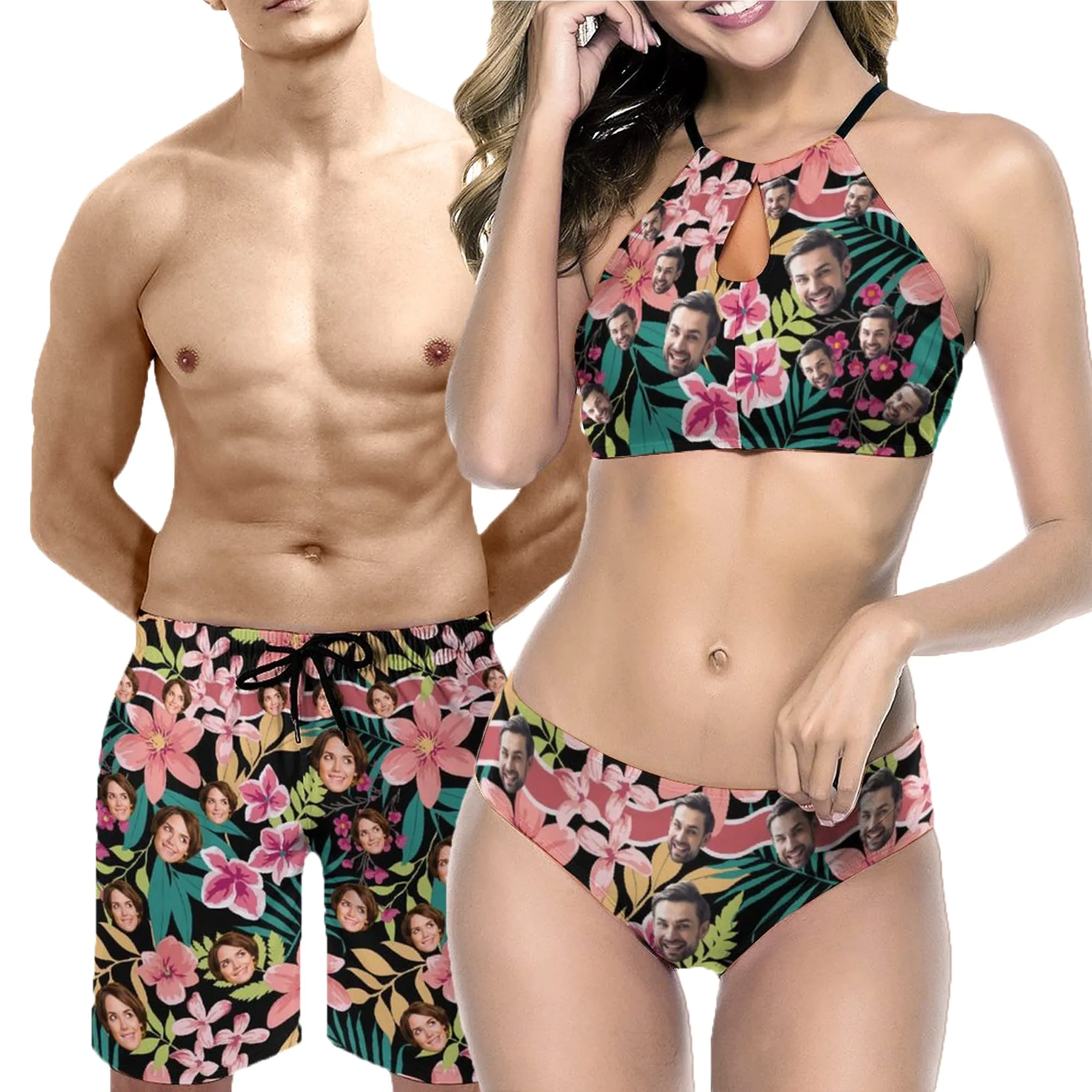 Couple Matching Swimwear Personalized Bikini & Swim Shorts Custom Face High Neck Cutout High Waisted Bikini Independence Day