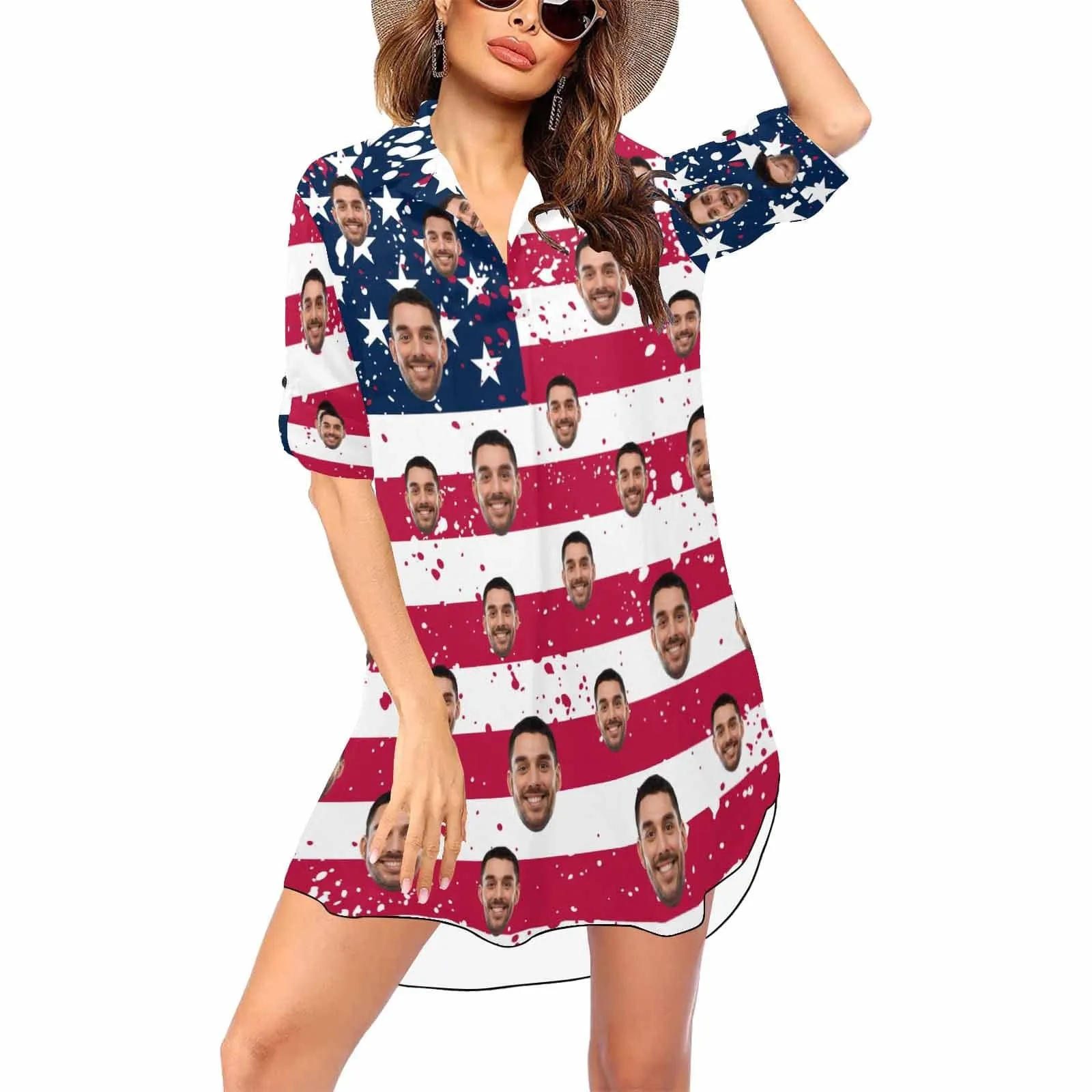 Couple USA Flag Hawaiian Shirt Set&Cover Up Dress Independence Gift