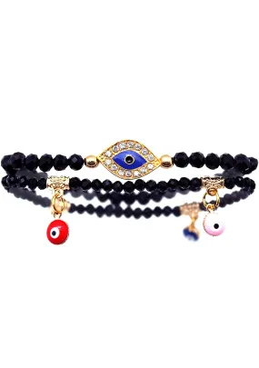 Crystal Evil Eye Beaded Bracelet Set in Black