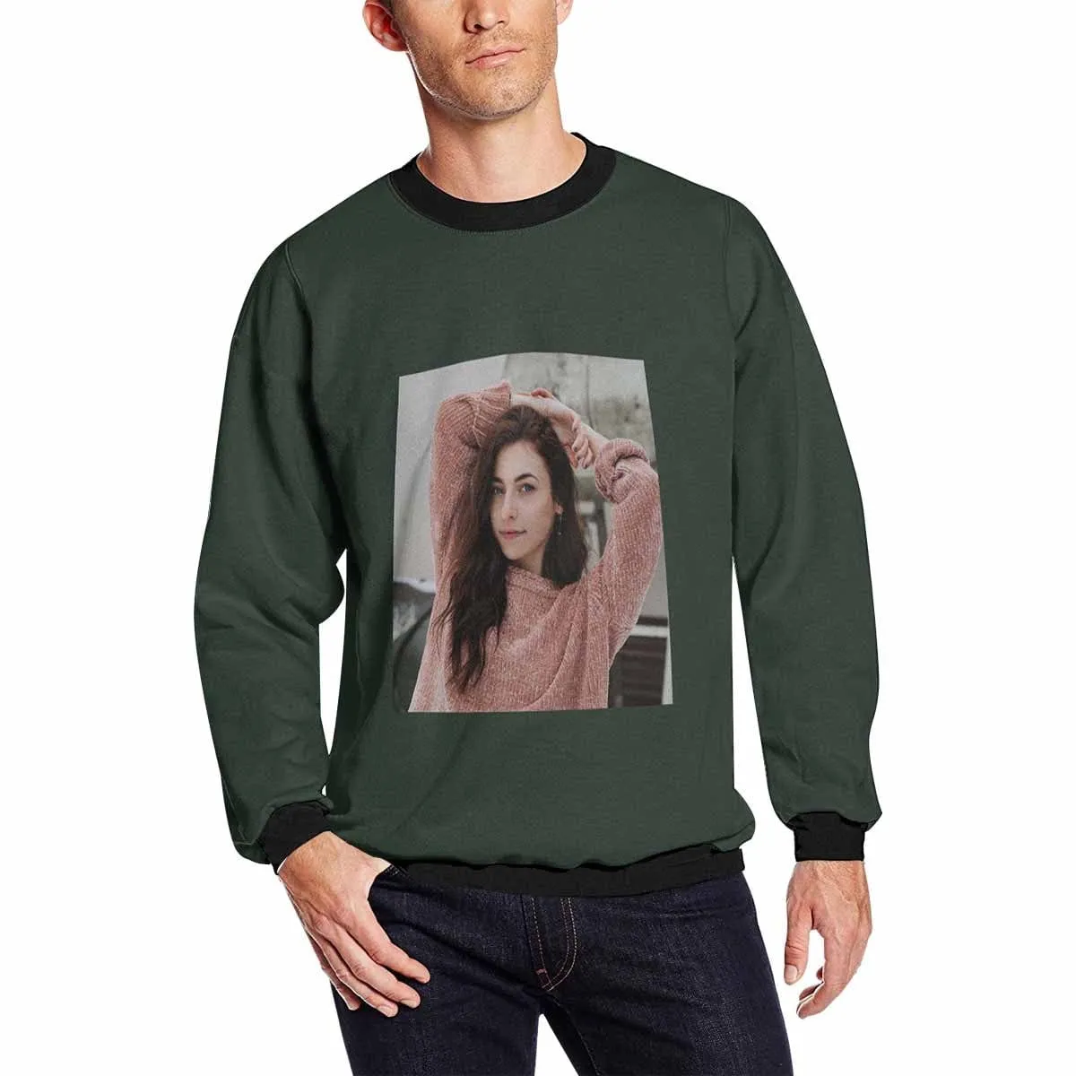 Custom Any Photo Couple Sweatshirt Personalized Dark Green Matching Loose Sweatshirt for Him and Her Unisex Couple Crewneck Long Sleeve T-shirt