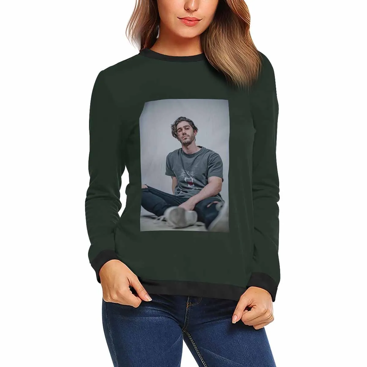 Custom Any Photo Couple Sweatshirt Personalized Dark Green Matching Loose Sweatshirt for Him and Her Unisex Couple Crewneck Long Sleeve T-shirt