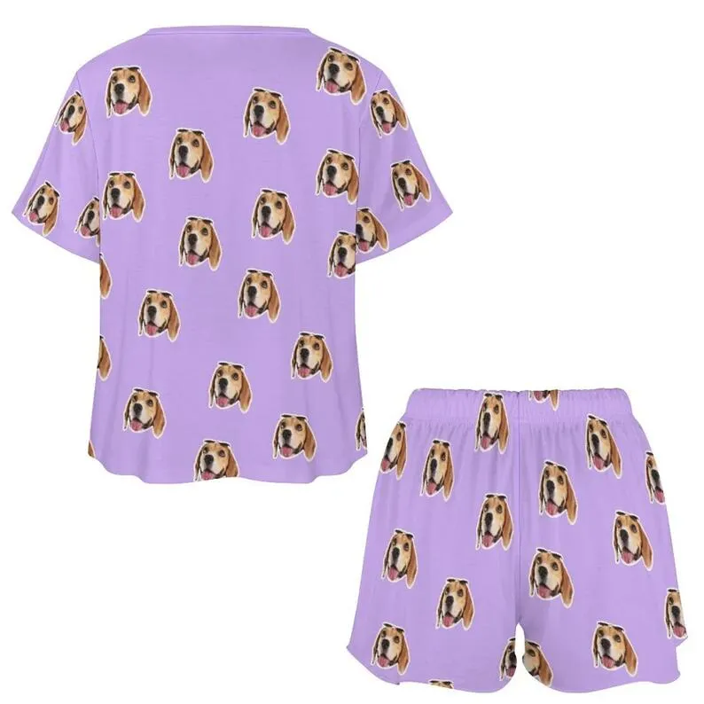 Custom Cat Dog Face Solid Color Pajama Set Women's Short Sleeve Loungewear Athletic Tracksuits and Pet Dog Bandana