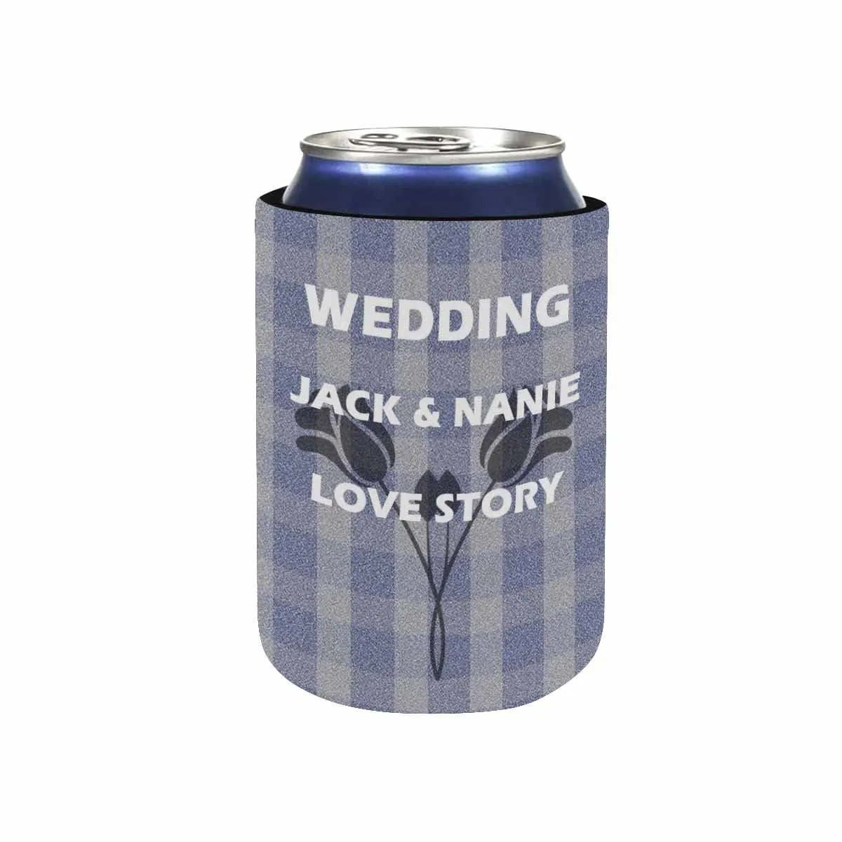 Custom Couple Name Flower Blue-gray Plaid Can Cooler Wedding Koozies Personalized Can Cooler DIY Cooler for Parties Weddings Events