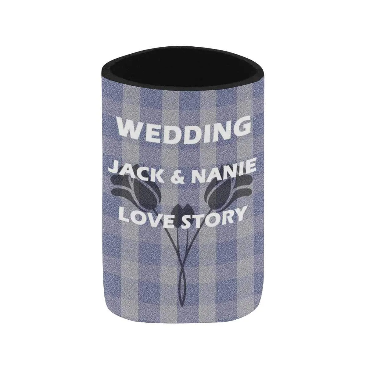 Custom Couple Name Flower Blue-gray Plaid Can Cooler Wedding Koozies Personalized Can Cooler DIY Cooler for Parties Weddings Events