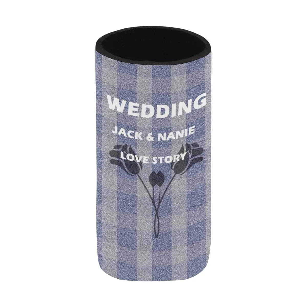 Custom Couple Name Flower Blue-gray Plaid Can Cooler Wedding Koozies Personalized Can Cooler DIY Cooler for Parties Weddings Events