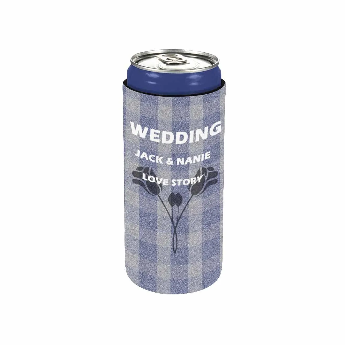 Custom Couple Name Flower Blue-gray Plaid Can Cooler Wedding Koozies Personalized Can Cooler DIY Cooler for Parties Weddings Events