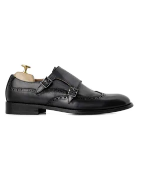 Double Monk Strap Brogue Wingtip - Duo Tone Black (Hand Painted Patina)