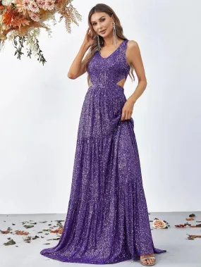 Elegant Sleeveless Cut Out Waist Sequin A Line Dress