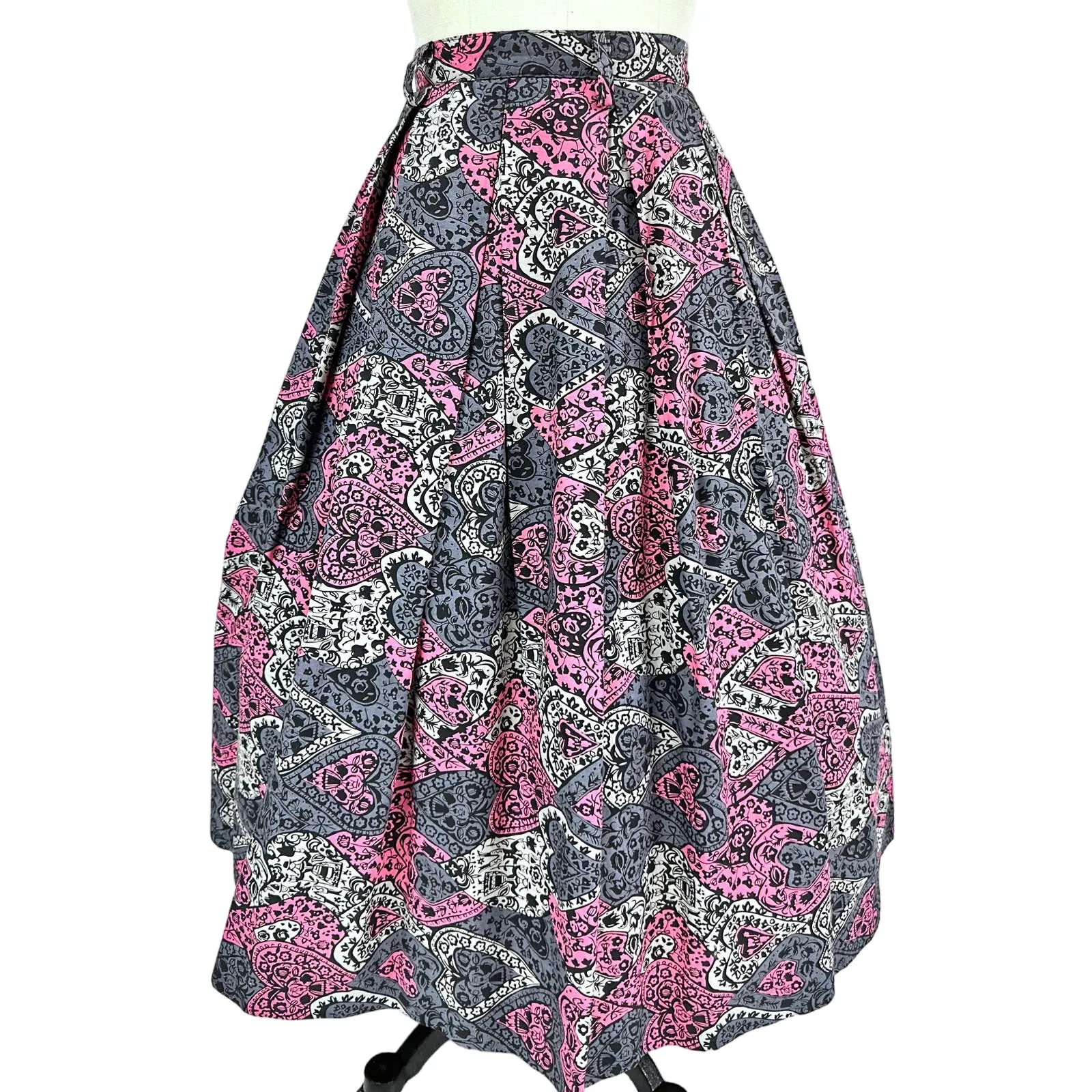 Fab 50s  VTG Pink Grey Pleated Full Skirt Heart Pattern Belt Loops S  Cotton