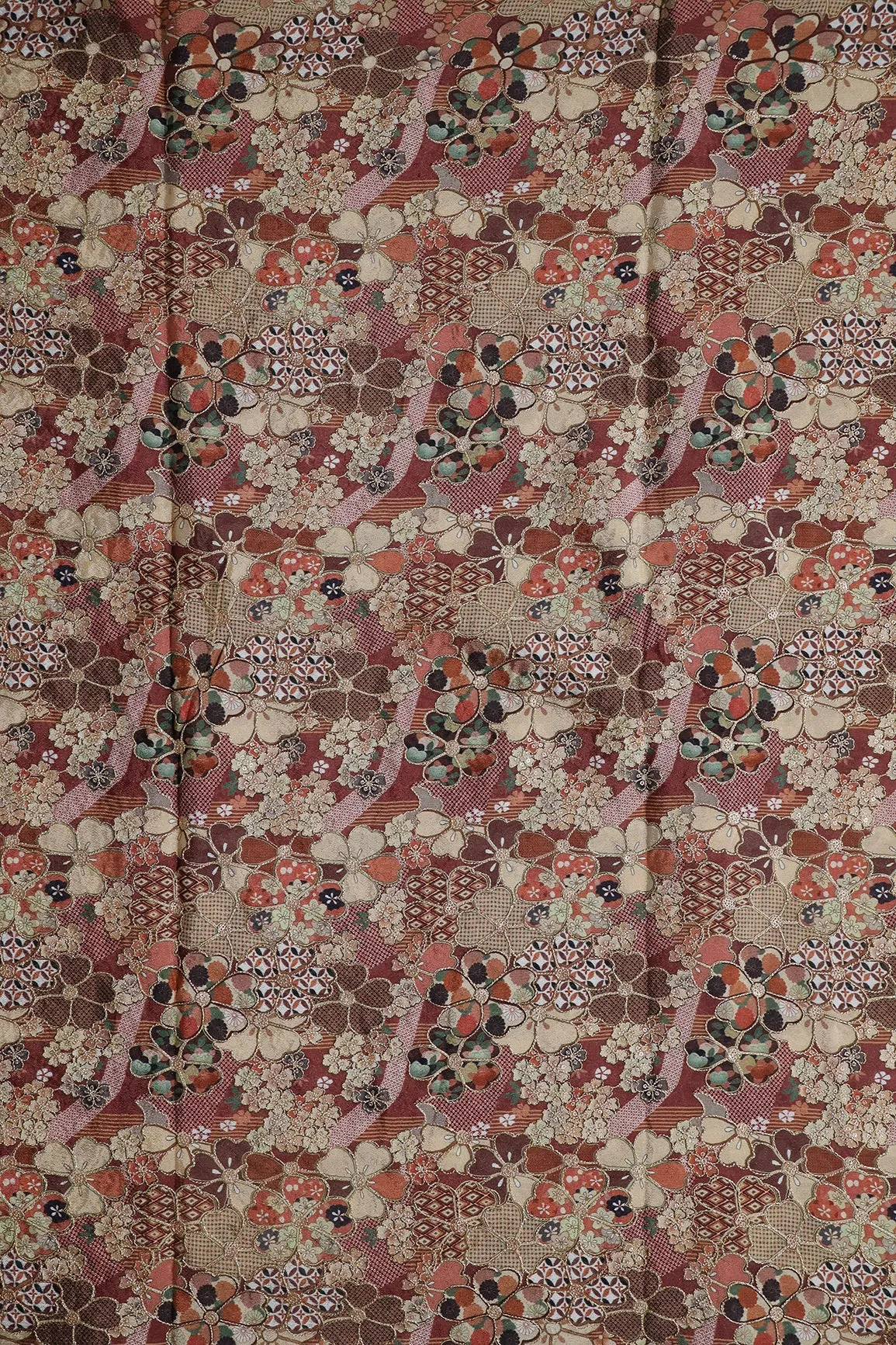 Floral Position Print On Sequins Embroidery Brown Viscose Chinnon Chiffon Fabric