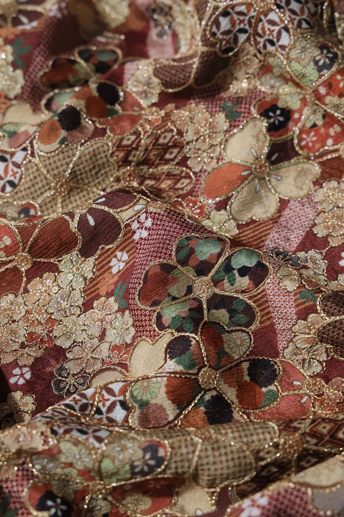 Floral Position Print On Sequins Embroidery Brown Viscose Chinnon Chiffon Fabric