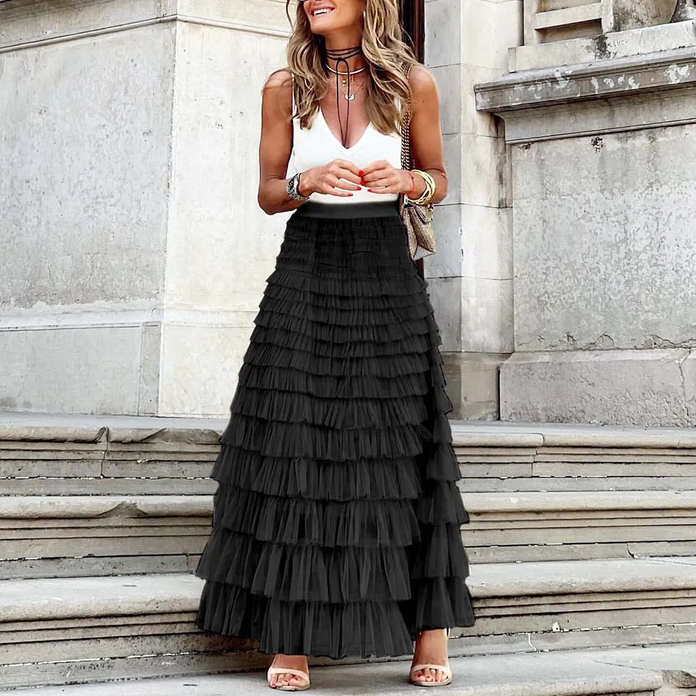 Getadme Casual Womens Solid Ball Gown Long Skirt Tulle High Waist Pleated Tutu Skirt Elegant Ladies Wild Mesh Dating Maxi Skirts Drop