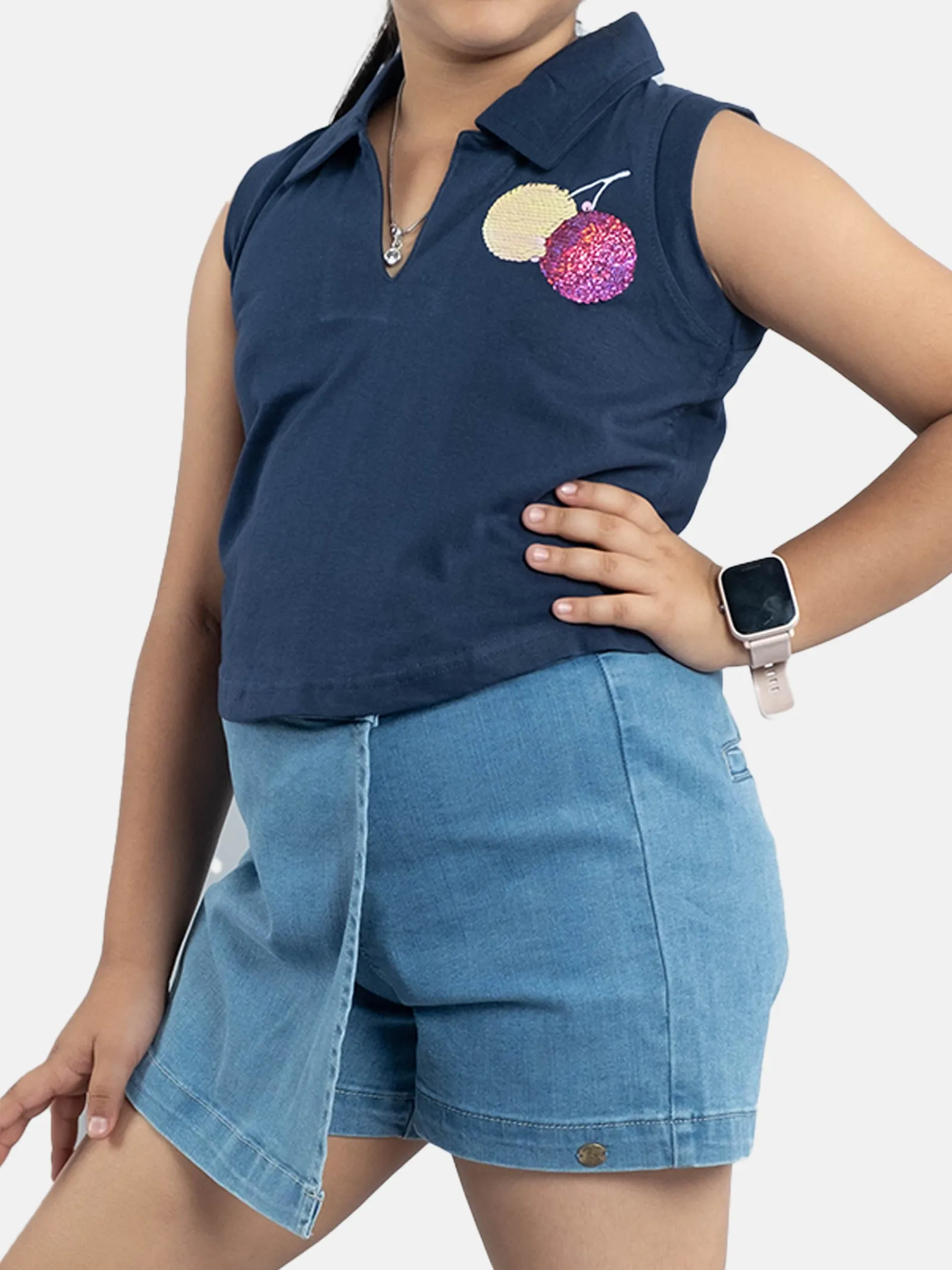 Girls Cropped Applique Embroidery Polo Tee & Denim Over Lap Skorts Sets