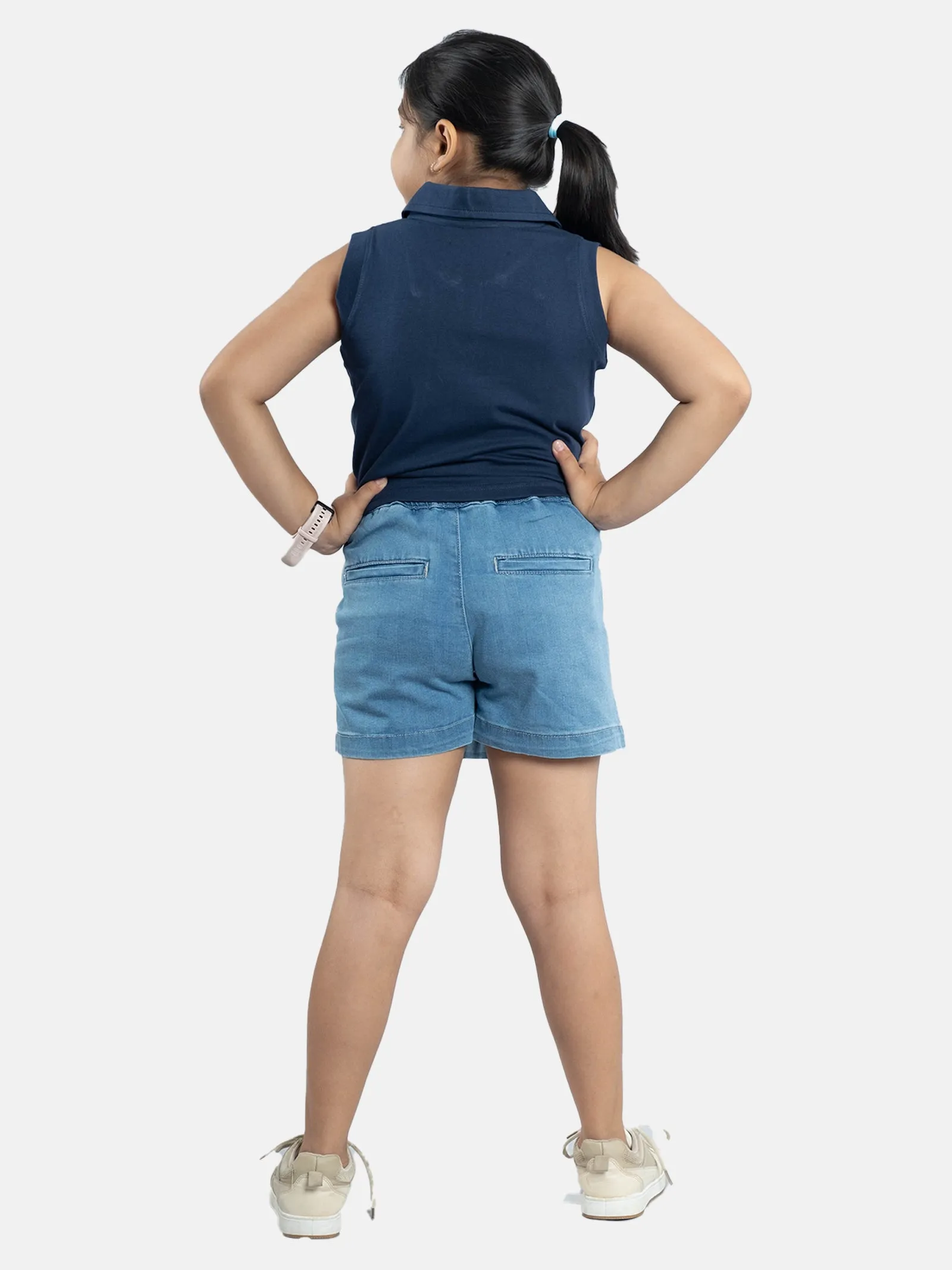 Girls Cropped Applique Embroidery Polo Tee & Denim Over Lap Skorts Sets