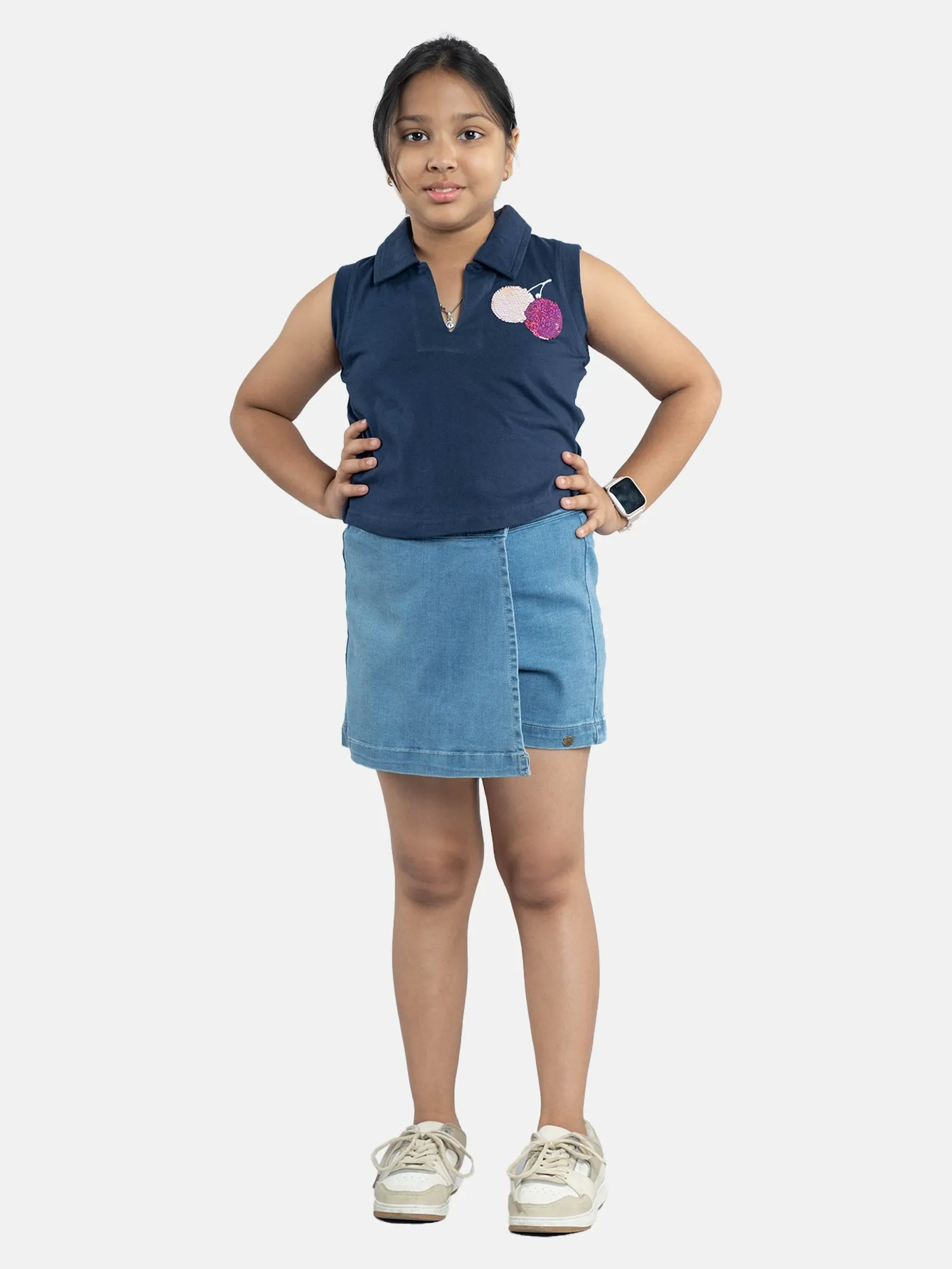 Girls Cropped Applique Embroidery Polo Tee & Denim Over Lap Skorts Sets