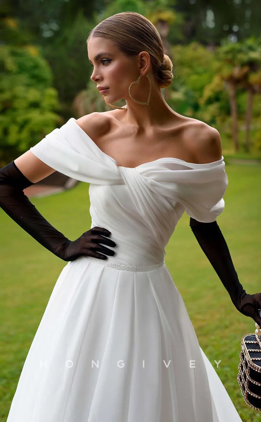 H1006 - Classical/Sexy Off-Shoulder Empire Ruched With Train Long Boho/Beach Wedding Dress