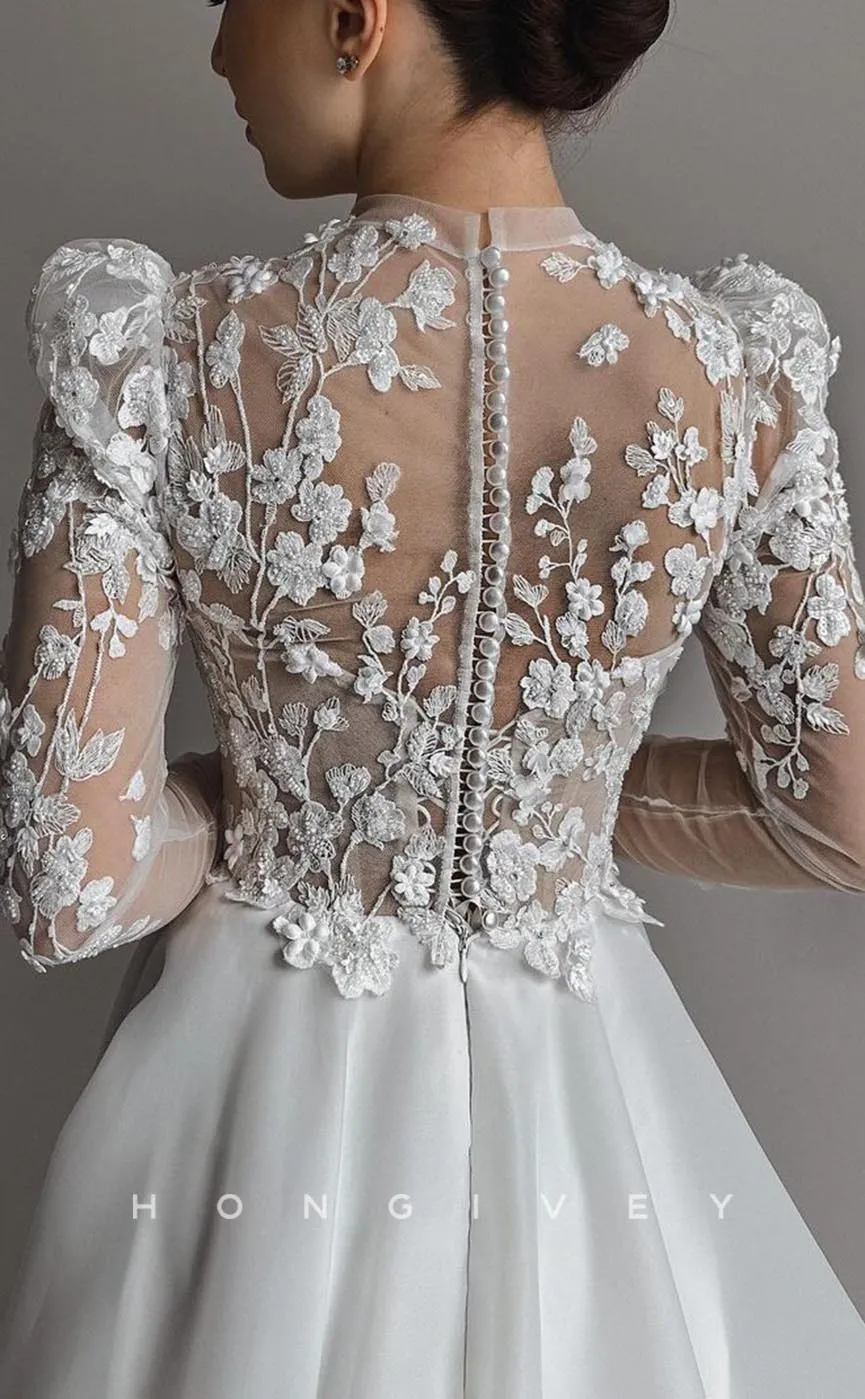 H1291 - Sexy A-Line Two Tone Illusion High Neck Long Sleeve Empire Appliques With Side Slit Wedding Dress