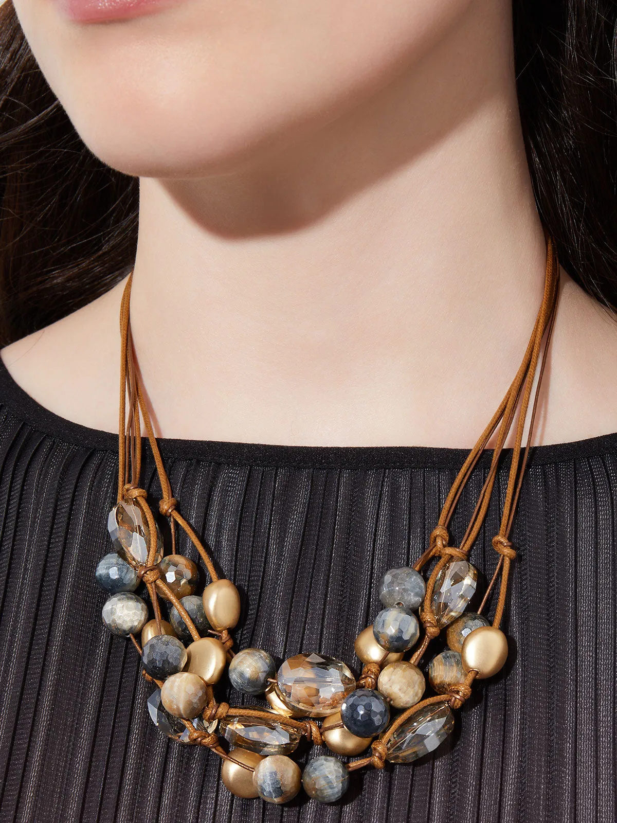 Handmade Multi-Cord Matte Gold Plate Mixed Crystal & Tiger Eye Layered Necklace