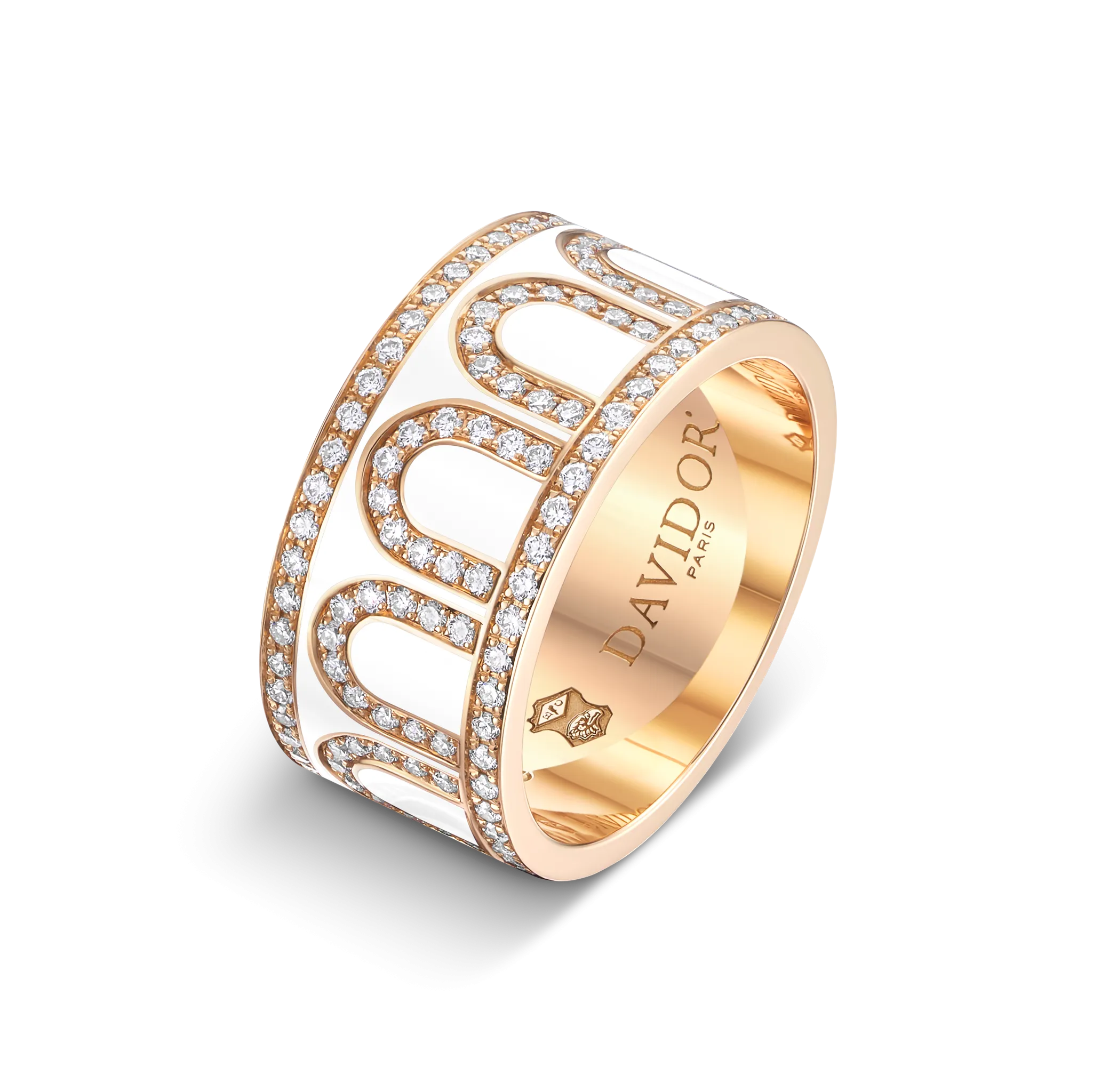 L'Arc de DAVIDOR Ring GM, 18k Rose Gold with Neige Lacquered Ceramic and Palais Diamonds