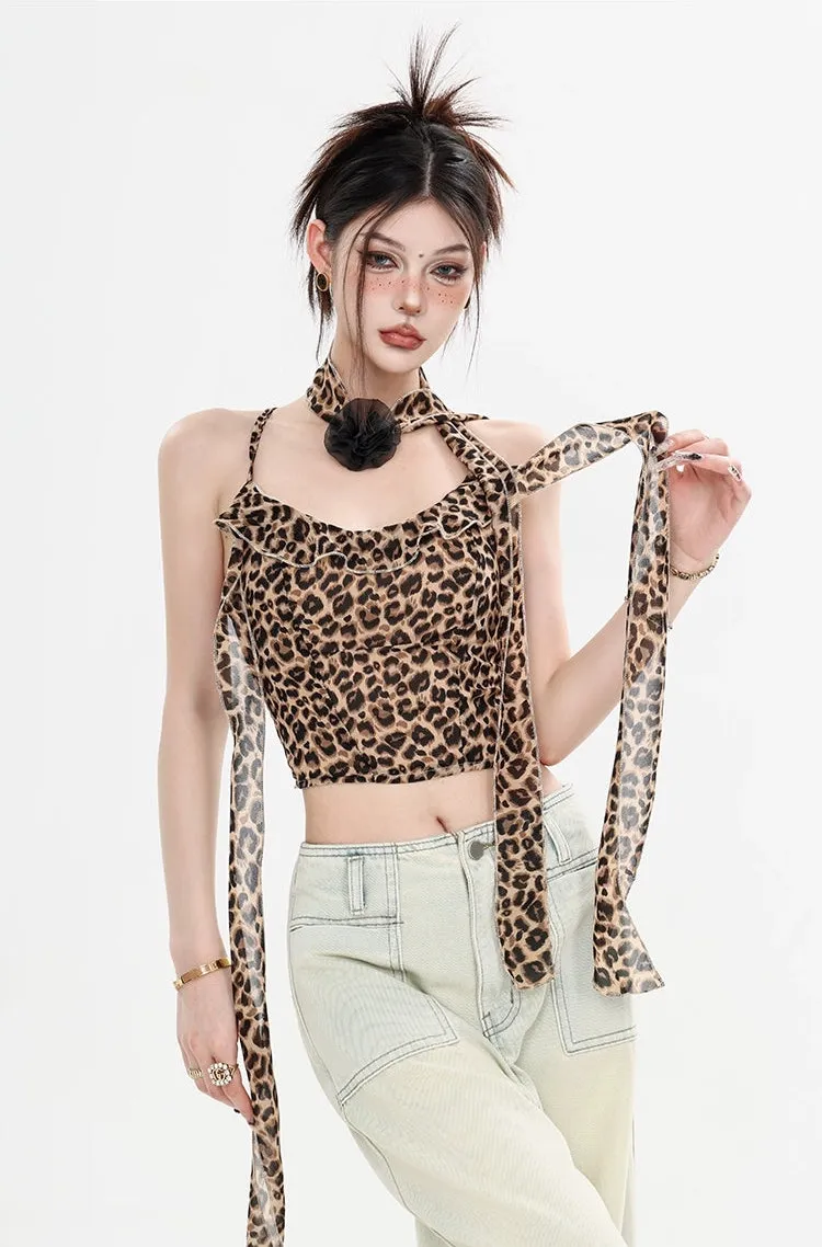 Leopard Print Halter Neck Crop Top with Tie Sleeves