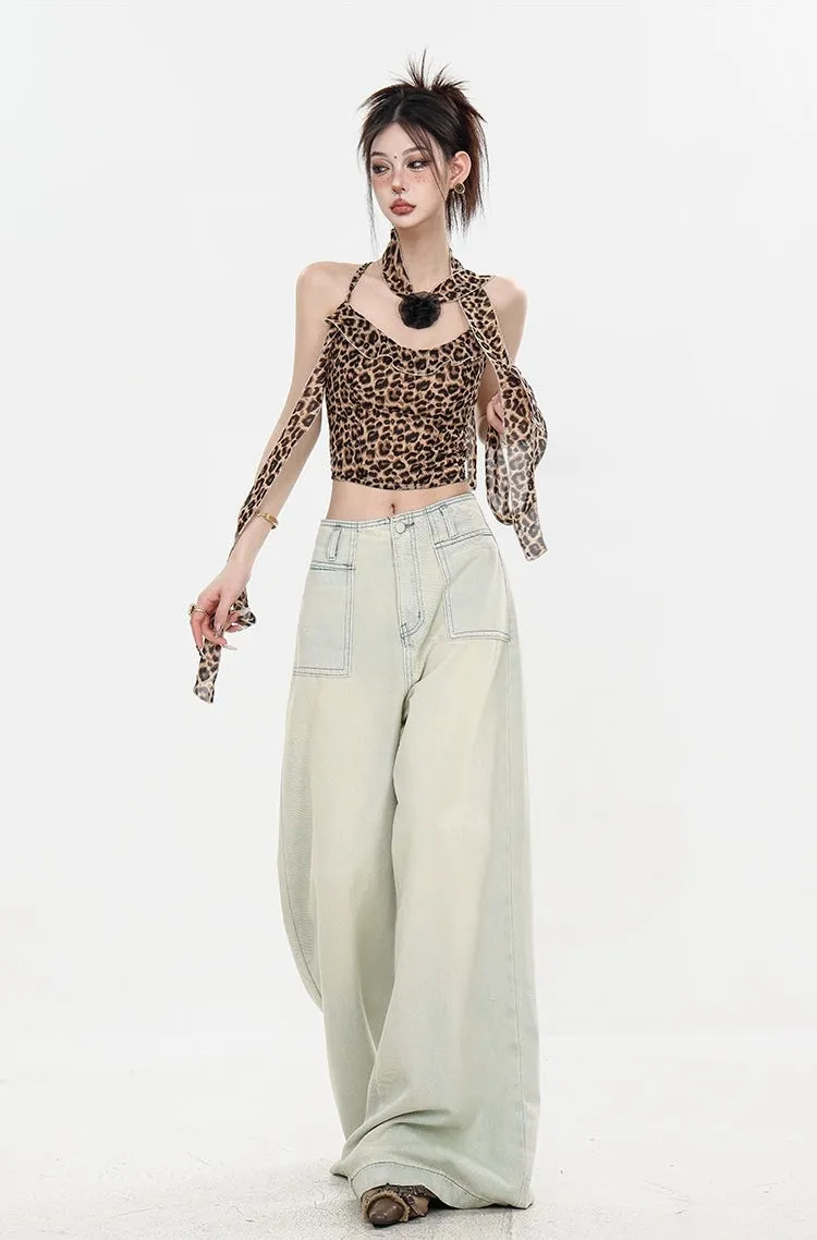 Leopard Print Halter Neck Crop Top with Tie Sleeves