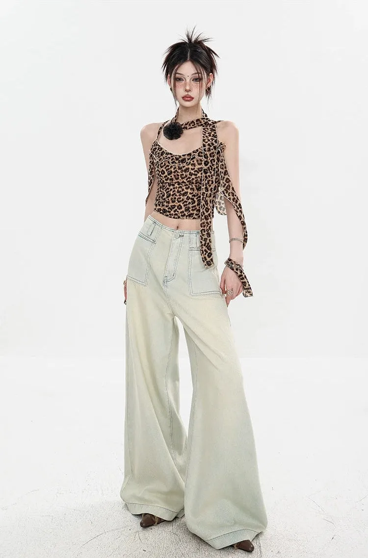 Leopard Print Halter Neck Crop Top with Tie Sleeves