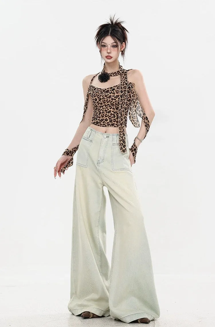 Leopard Print Halter Neck Crop Top with Tie Sleeves