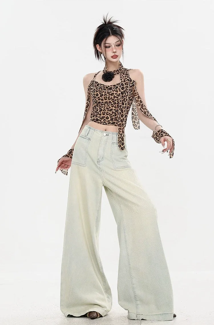 Leopard Print Halter Neck Crop Top with Tie Sleeves