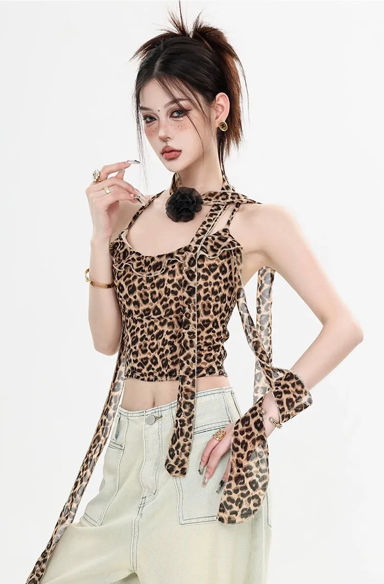 Leopard Print Halter Neck Crop Top with Tie Sleeves