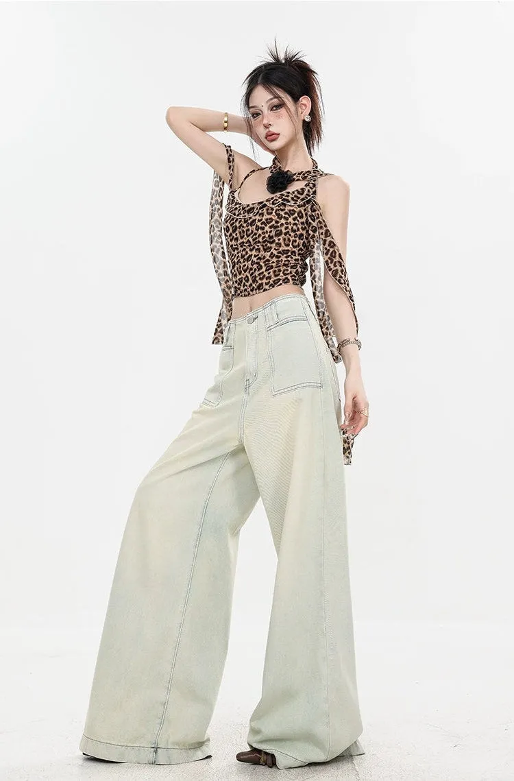 Leopard Print Halter Neck Crop Top with Tie Sleeves