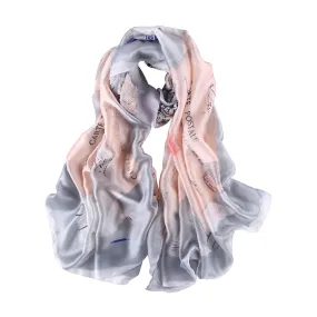 Long Silk Feel Satin Scarf Silver and Pink Stamps Print LAT114