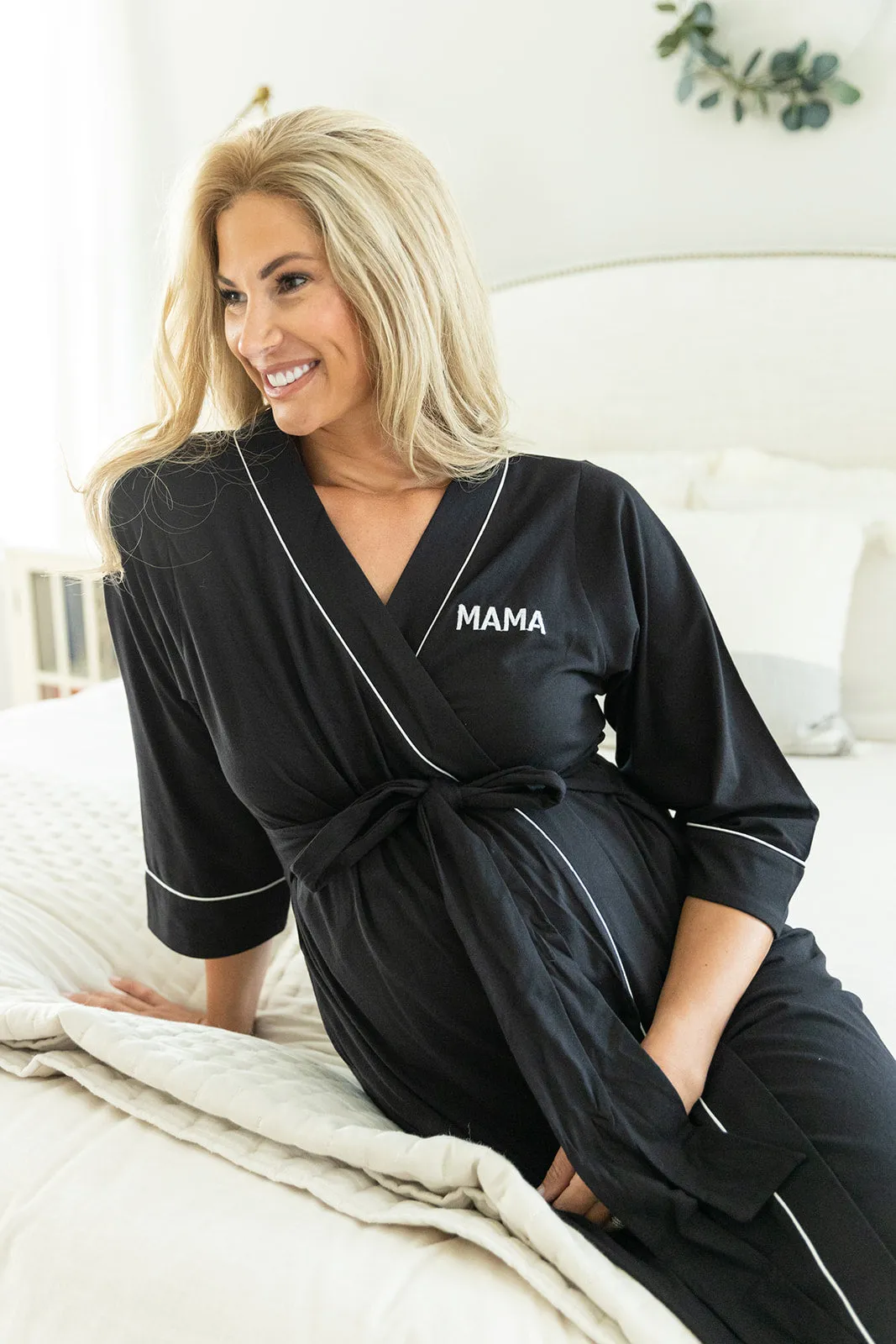 Mama Embroidered Robe Black & Willow Swaddle Blanket Set