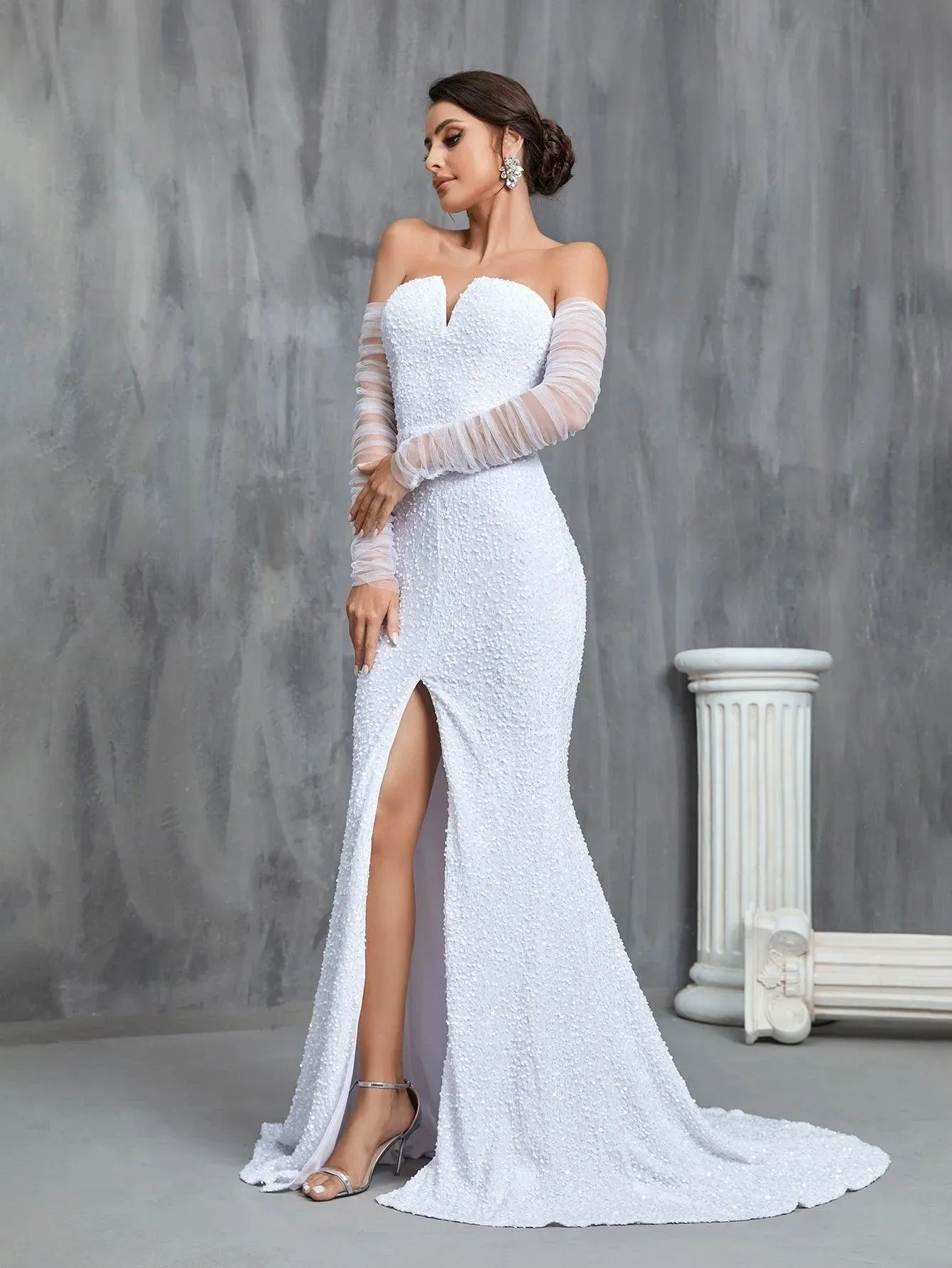 Mermaid Hem Split Sequin Tube Wedding Dress