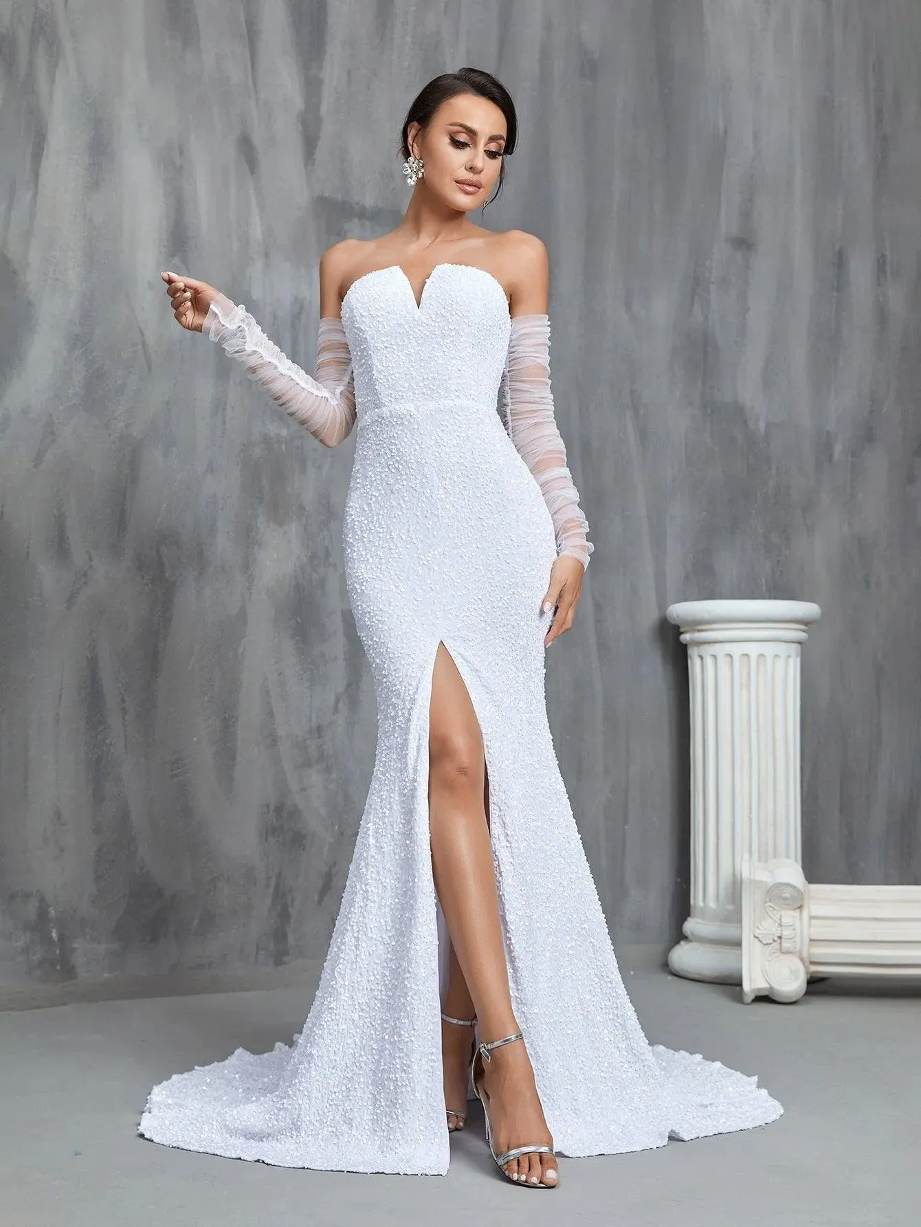 Mermaid Hem Split Sequin Tube Wedding Dress