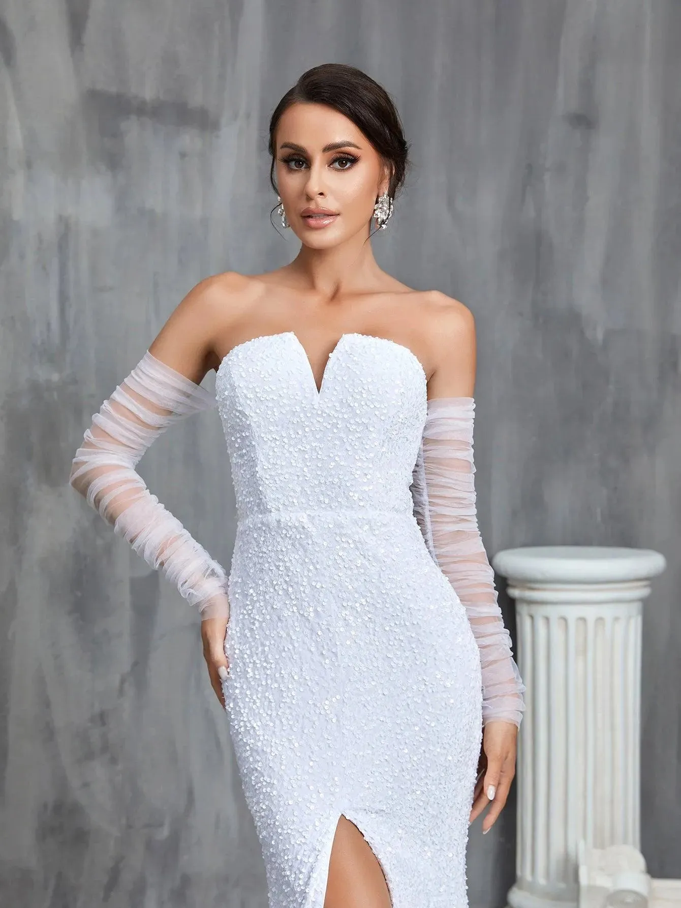 Mermaid Hem Split Sequin Tube Wedding Dress