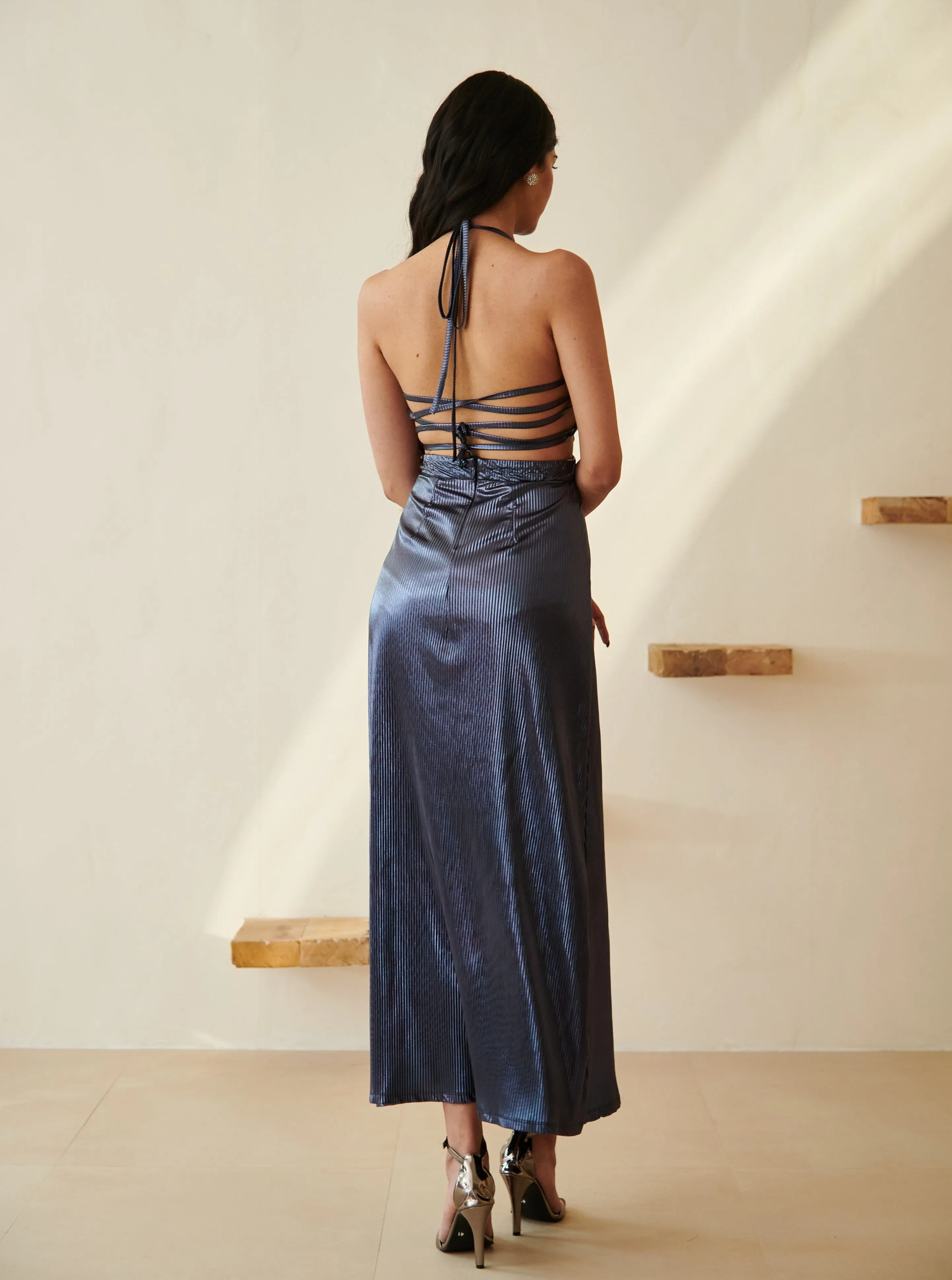 Moana Navy Blue Metallic Maxi Dress