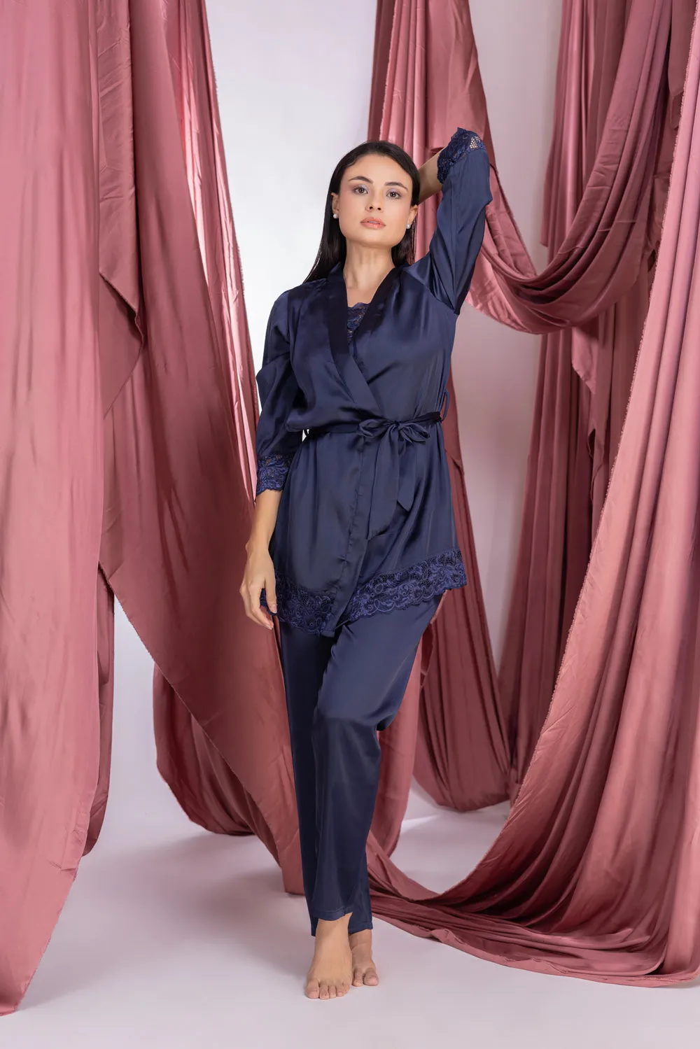 Navy blue satin Night suit with robe